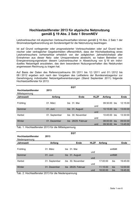 Hochlastzeitfenster NS und MS 2013 - EGT Energie