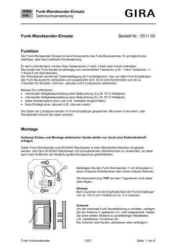 Funk-Wandsender-Einsatz Bestell-Nr.: 0511 00 Funktion ... - Gira