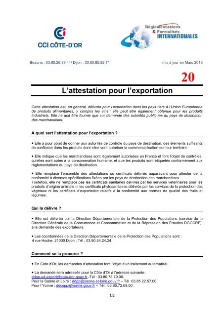 20 L'attestation pour l'exportation - CCI CÃ´te-d'Or