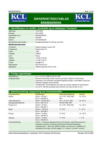 sikkerhetsdatablad bremserens - Kolberg Caspary Lautom AS