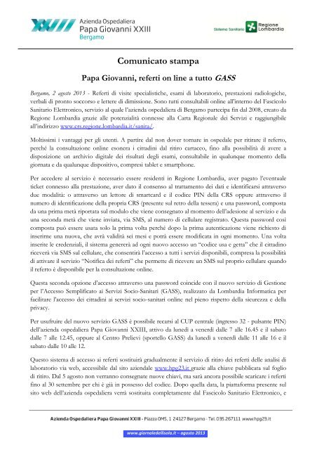 Nuove Modalitã Per Referti On Line Gass Giornale Dell