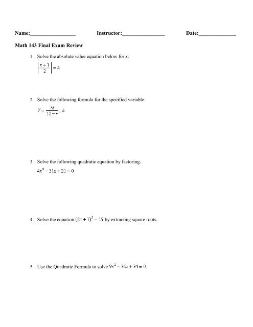 Math 143 Final Exam Review Math 143 Final Exam Review