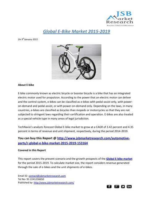 JSB Market Research: Global E-Bike Market 2015-2019 