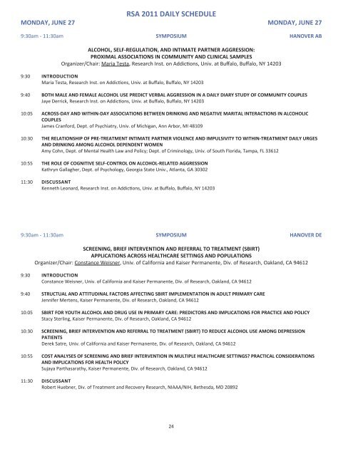 RSA 2011 DAILY SCHEDULE - Research Society on Alcoholism