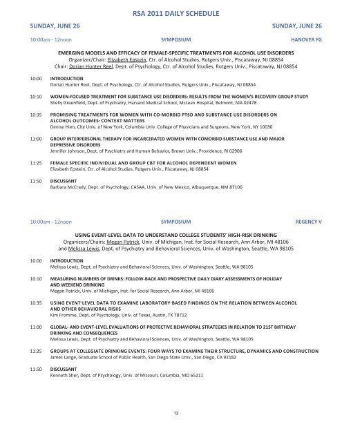 RSA 2011 DAILY SCHEDULE - Research Society on Alcoholism