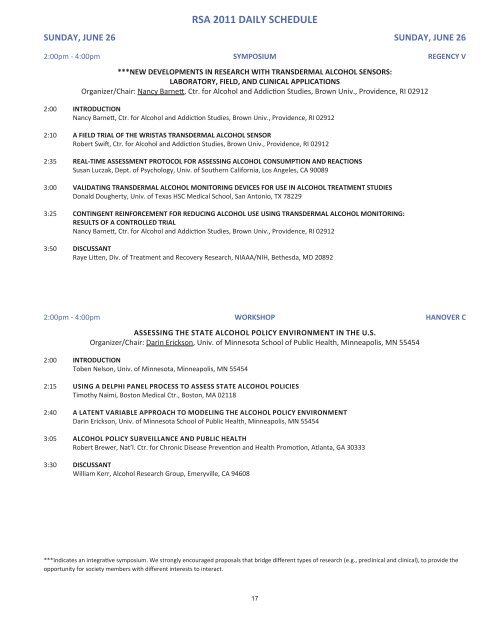 RSA 2011 DAILY SCHEDULE - Research Society on Alcoholism