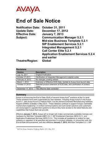 End of Sale Notice Notification Date: October 31, 2011 ... - OCS