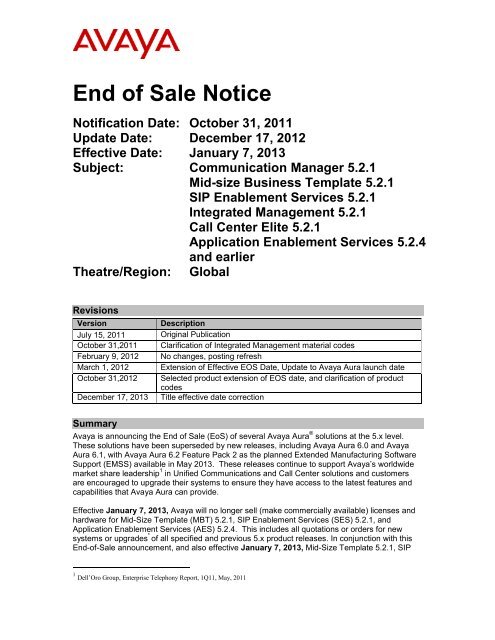 End of Sale Notice Notification Date: October 31, 2011 ... - OCS