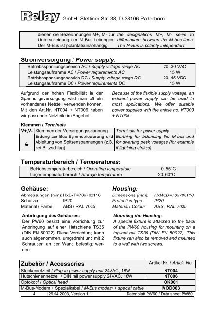 Betriebsanleitung PW20 M-Bus-Masterinterface - Relay GmbH