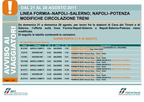 dal 21 al 28 agosto 2011 linea formiaânapoliâsalerno - Trenitalia