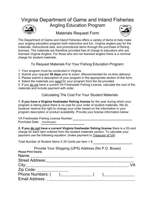 Materials Request Form - Virginia Department of Game and Inland ...