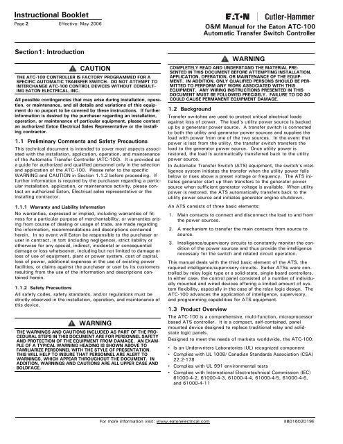 O & M Manual for the Eaton ATC-100 Automatic Transfer Switch ...