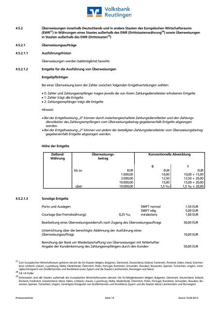 Preis- und Leistungsverzeichnis - Volksbank Reutlingen