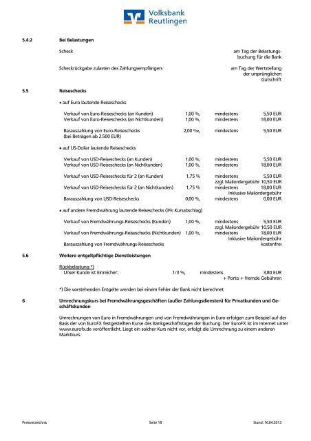 Preis- und Leistungsverzeichnis - Volksbank Reutlingen