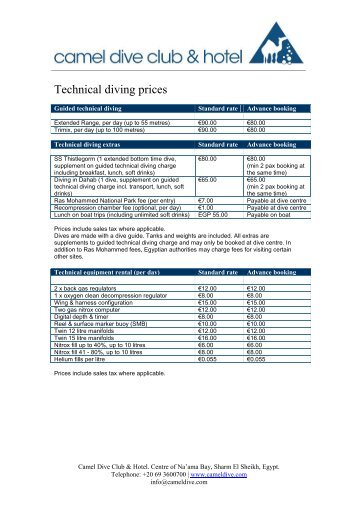 Technical diving prices (85KB, PDF) - Camel Dive Club and Hotel