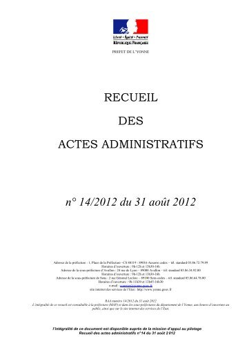 Recueil nÂ°14 du 31 08 2012 - PrÃ©fecture de l'Yonne