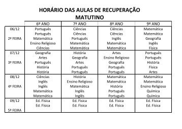 HORÁRIO DAS AULAS DE RECUPERAÇÃO MATUTINO