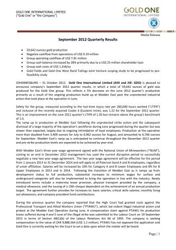 September 2012 Quarterly Results - Gold One International Limited