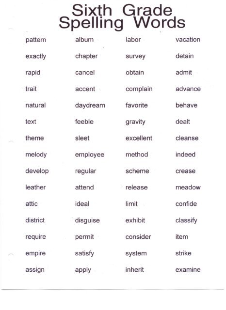 List Of English Words For Grade 6