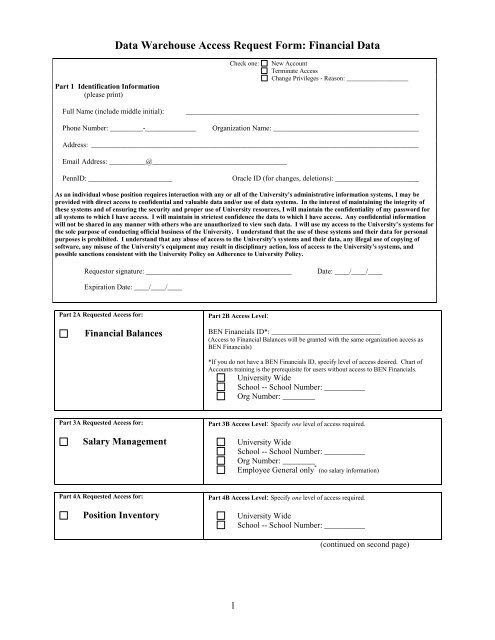 Data Warehouse Access Request Form: Financial Data