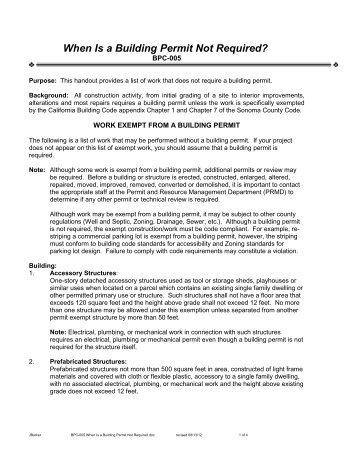 BPC-005 When Is a Building Permit Not Required - Sonoma County