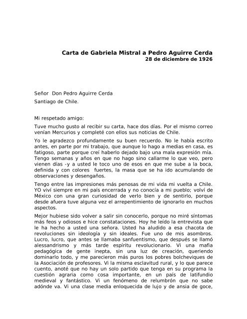 Carta de Gabriela Mistral a Pedro Aguirre Cerda - Sala de Historia