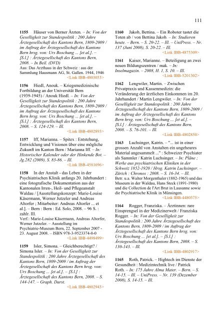 Bibliografie der Berner Geschichte 2008 - UniversitÃ¤tsbibliothek Bern