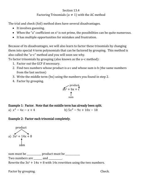 Section 13 4 Factoring Trinomials A A A 1 With The Ac Method The