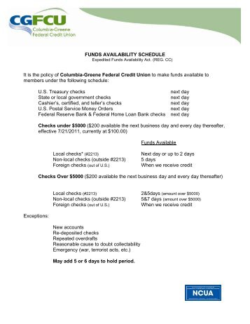 funds availability schedule - Columbia-Greene Federal Credit Union