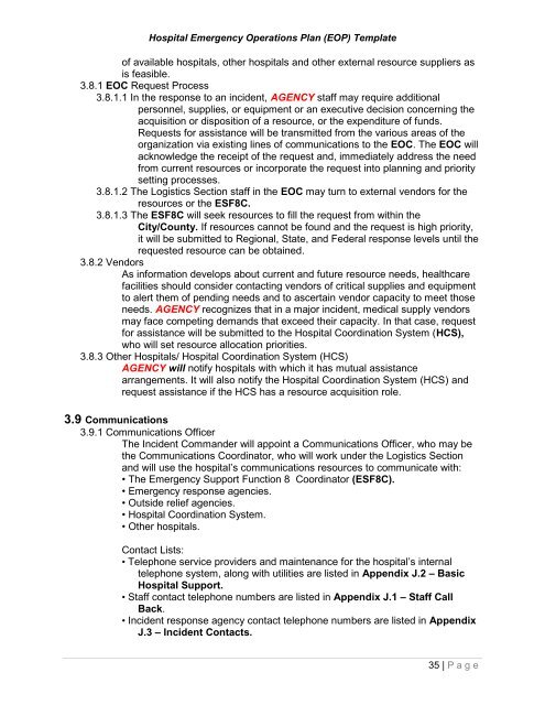 Hospital Emergency Operations Plan (EOP) TEMPLATE