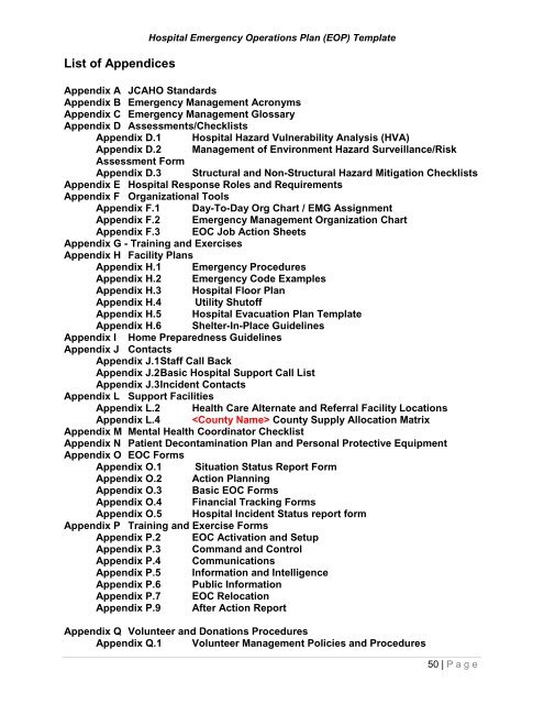 Hospital Emergency Operations Plan (EOP) TEMPLATE