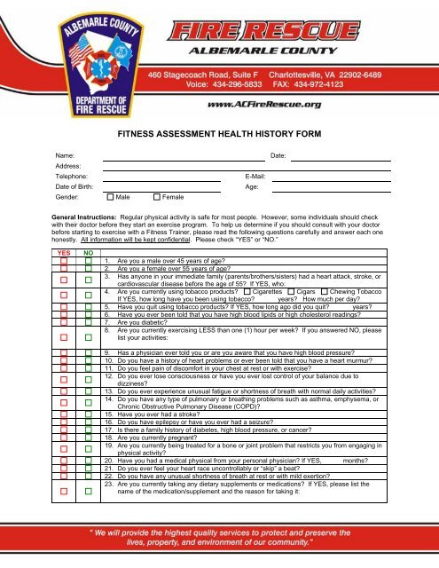 FITNESS ASSESSMENT HEALTH HISTORY FORM