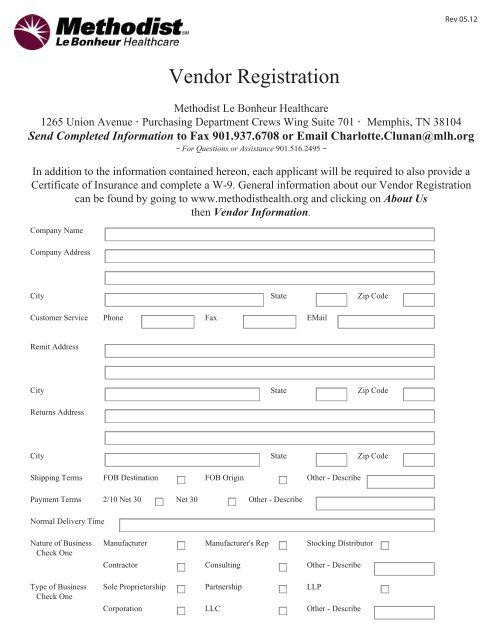 Vendor Registration Form (PDF) - Methodist Healthcare