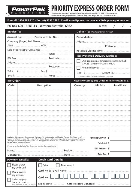 Express Order Form - PowerPak Packaging Supplies