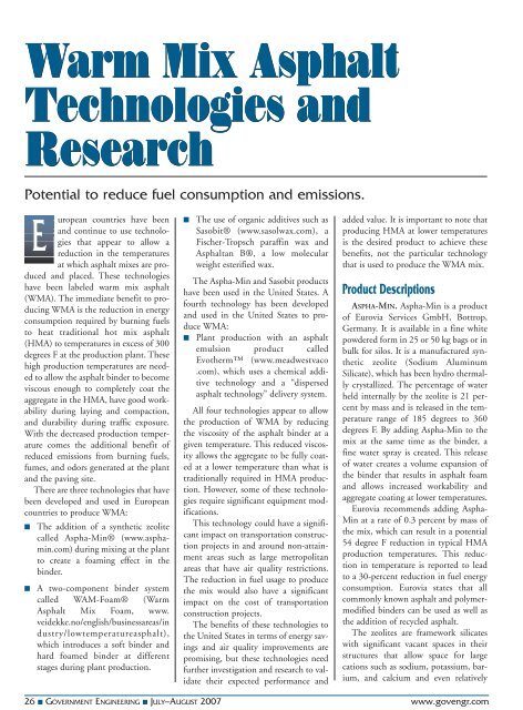 Warm Mix Asphalt Technologies and Research Warm Mix Asphalt