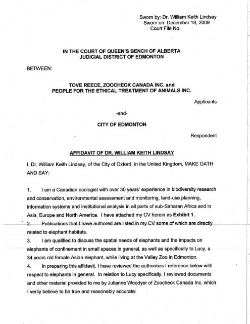 Affidavit of Dr. William Keith Lindsay - Zoocheck Canada