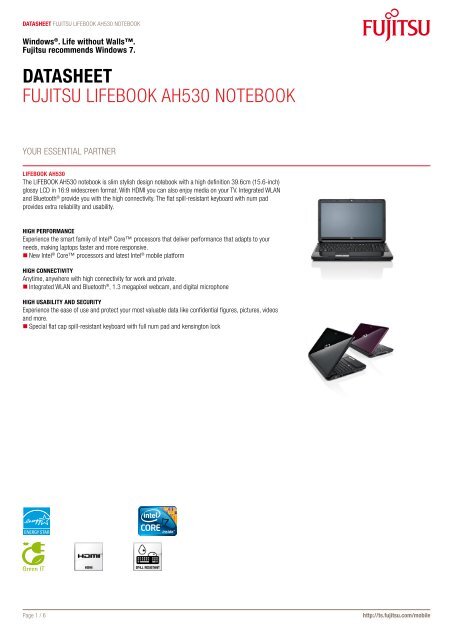 Datasheet Fujitsu LiFEBOOK AH530 NOtEBOOK