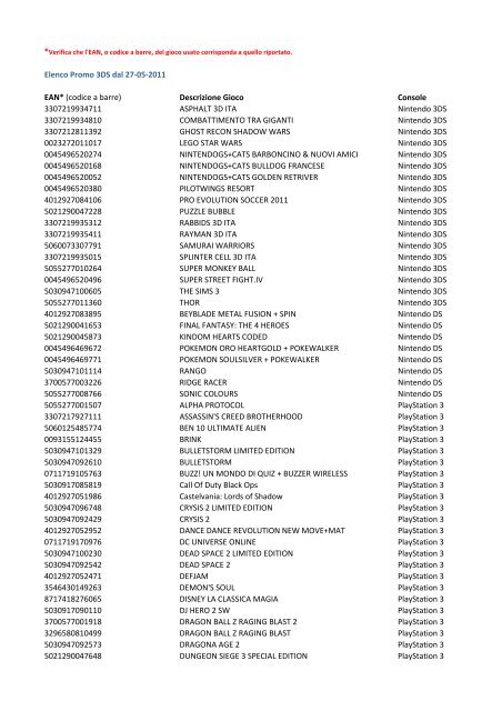 Elenco Promo 3DS dal 27-05-2011 EAN* (codice a barre ...