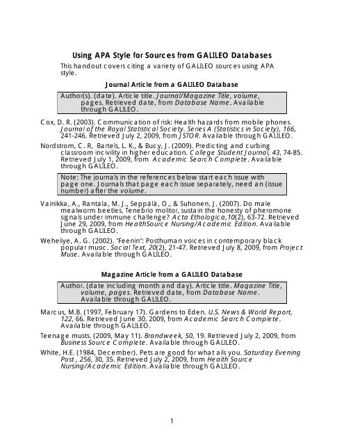 Using Apa Style For Sources From Galileo Databases