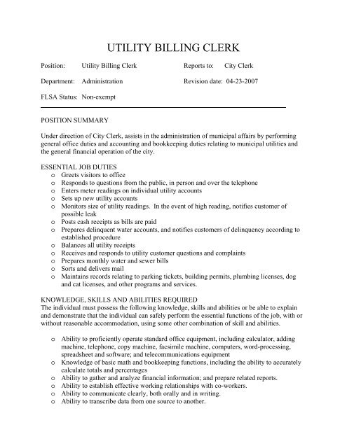 Utility Billing Clerk Job Description - Red Oak