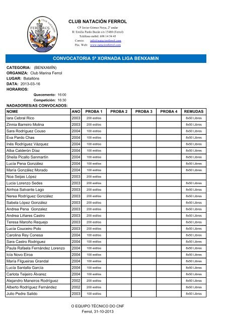 CLUB NATACIÃN FERROL CONVOCATORIA 5Âª XORNADA LIGA ...