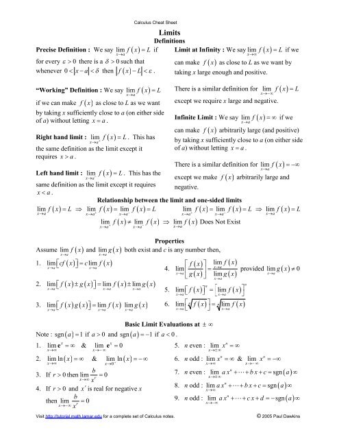 Calculus Limits Cheat Sheet - Pauls Online Math Notes