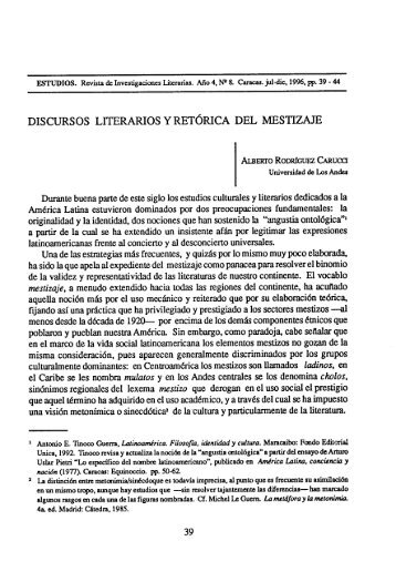 discursos literarios y retÃ³rica del mestizaje - Estudios â Revista de ...