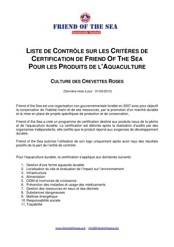 LISTE DE CONTRÔLE SUR LES CRITÈRES DE ... - Friend of the Sea