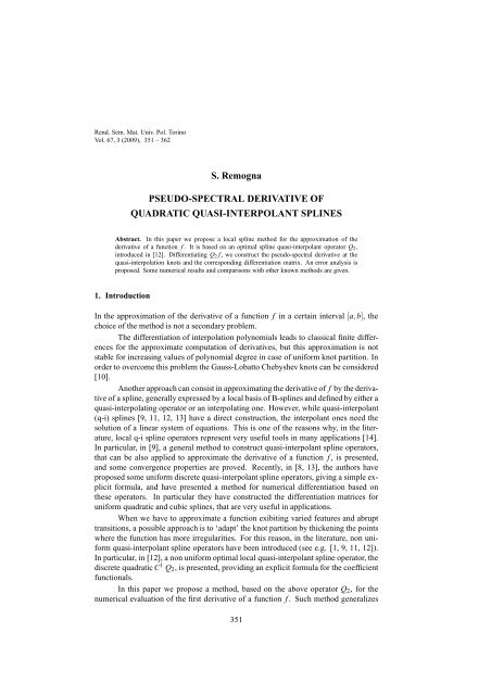 Pseudo-spectral derivative of quadratic quasi-interpolant splines