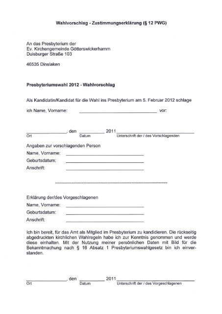 Wahlvorschlag - Zustimmungserklärung (ä 12 PWG) - Gemeinde ...