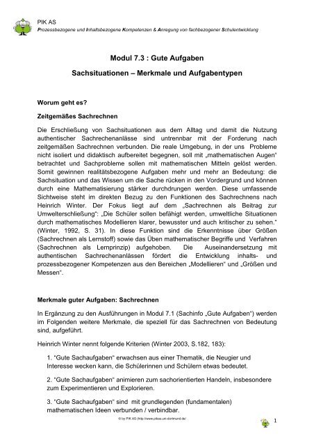 Modul 7.3 : Gute Aufgaben Sachsituationen – Merkmale ... - PIK AS