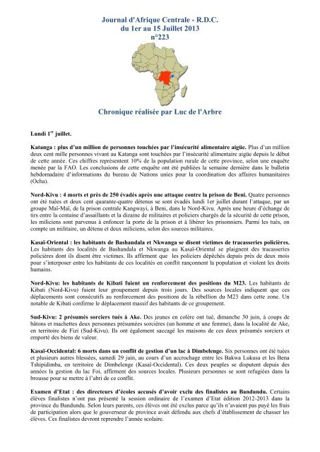 Journal d'Afrique Centrale - R.D.C. du 1er au 15 Juillet 2013 nÂ°223 ...