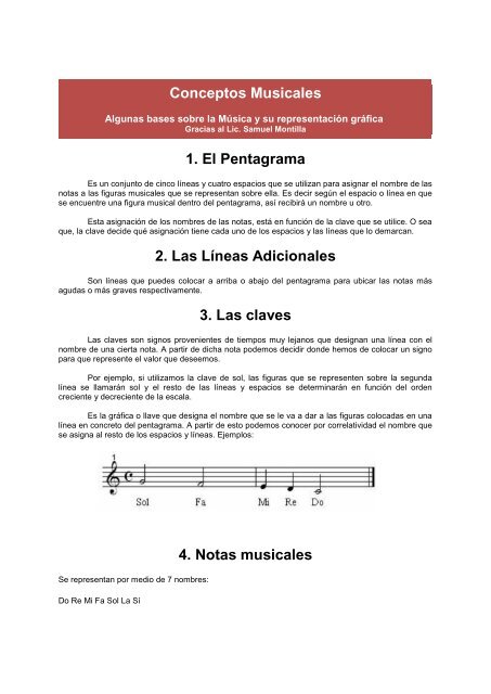 Conceptos Musicales 1. El Pentagrama 2. Las LÃneas Adicionales 3 ...