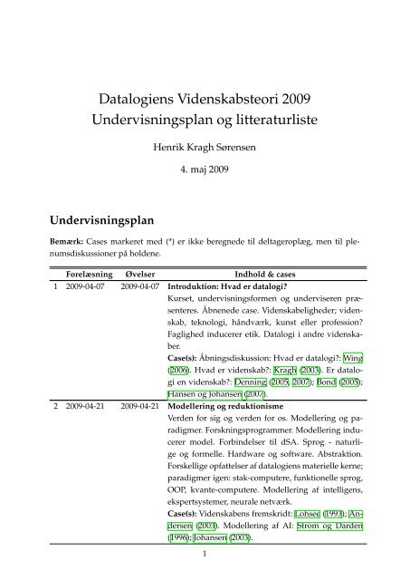 Datalogiens Videnskabsteori 2009 Undervisningsplan og litteraturliste